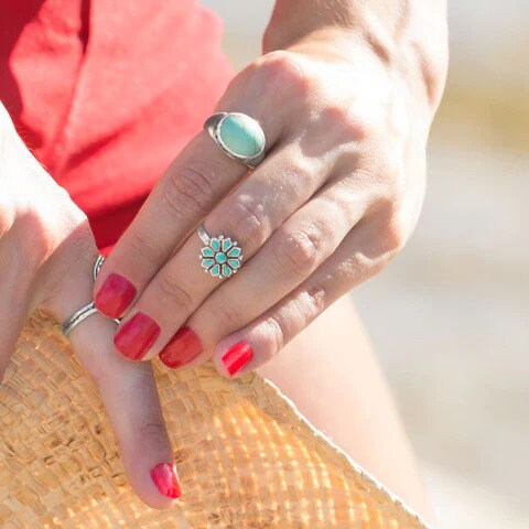 925 Sterling Silver Antiqued Reconstituted Turquoise Ring - Turquoise Flower Ring - Artisan Vintage Ring Women - Unique Ring - Boho Ring