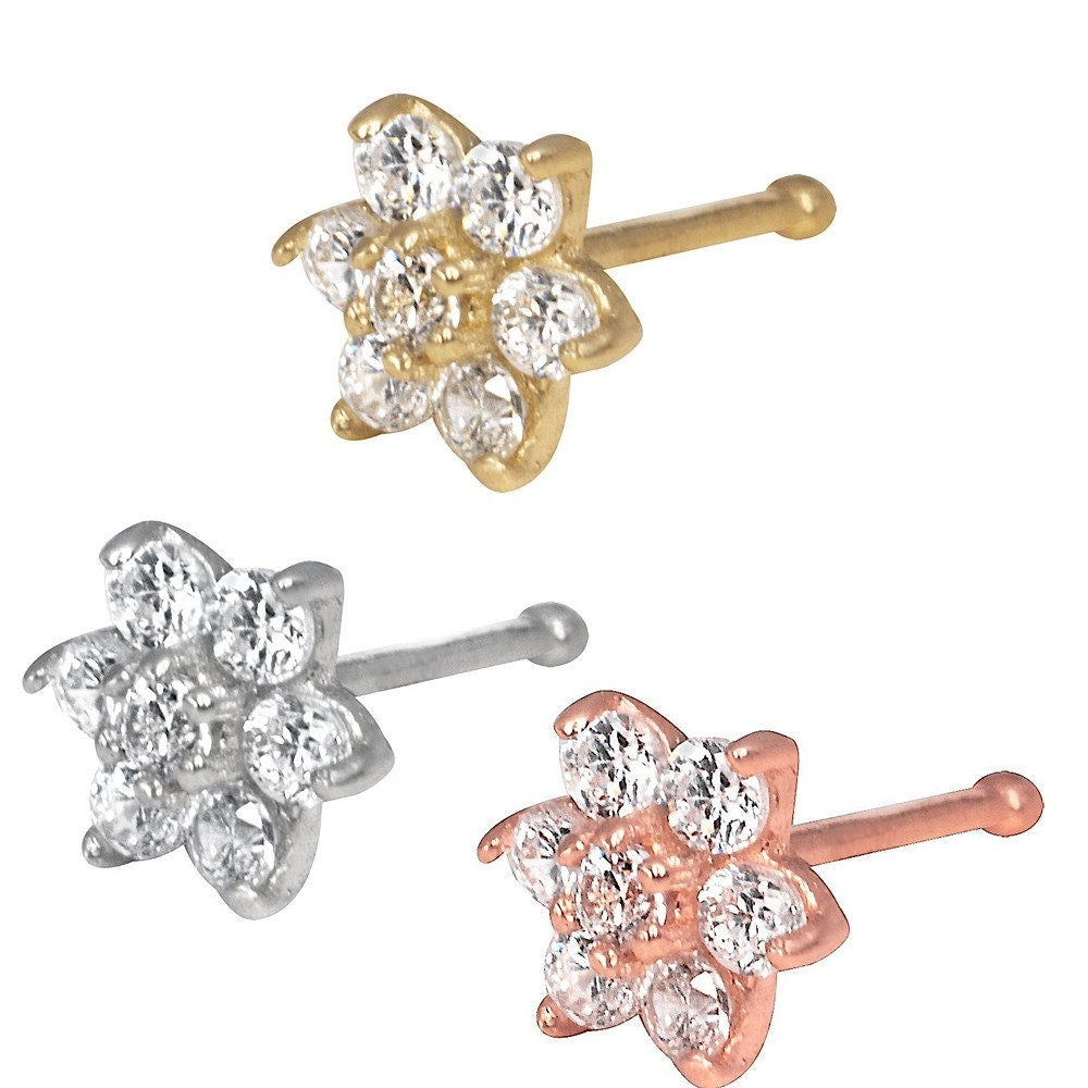 14k Yellow, White, or Rose Gold 20G 4mm CZ Flower Nose Stud