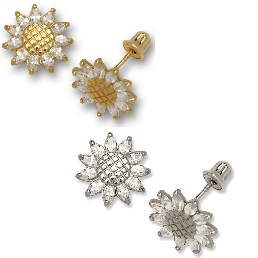 14k Gold 10mm CZ Textured Sunflower Screw Back Earrings (Yellow and White)