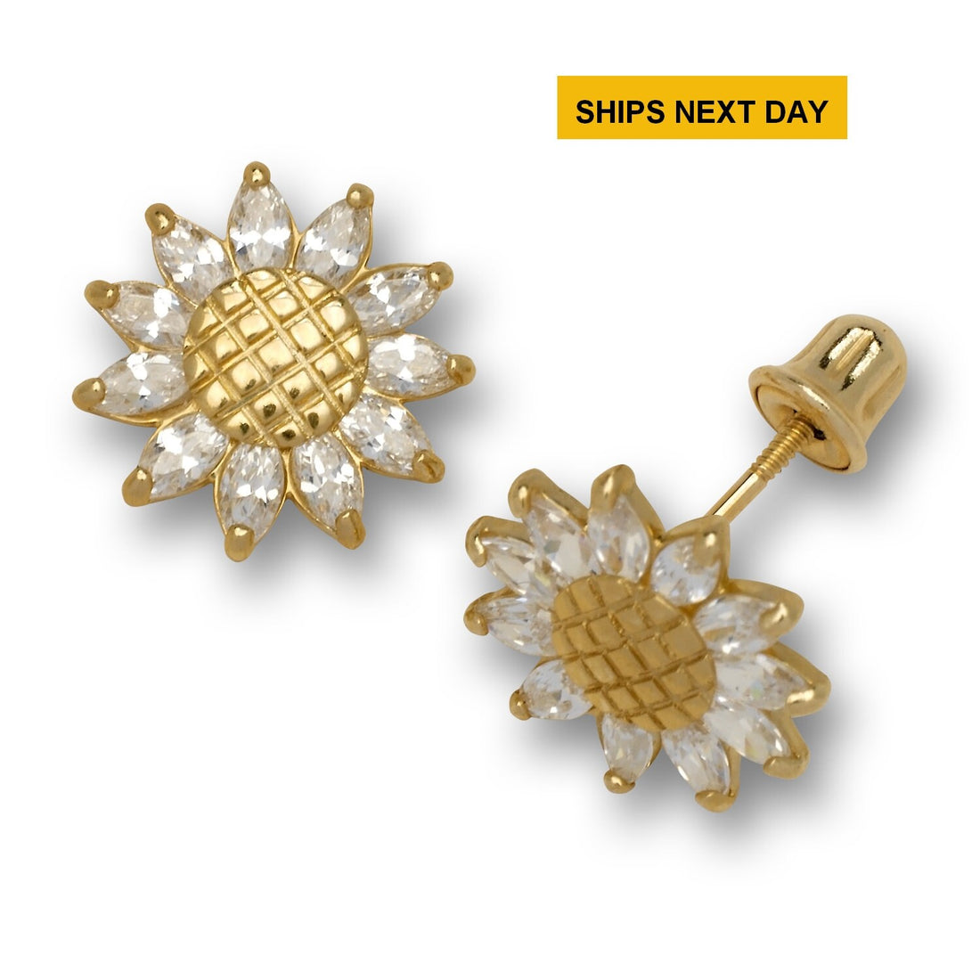 14k Gold 10mm CZ Textured Sunflower Screw Back Earrings (Yellow and White)