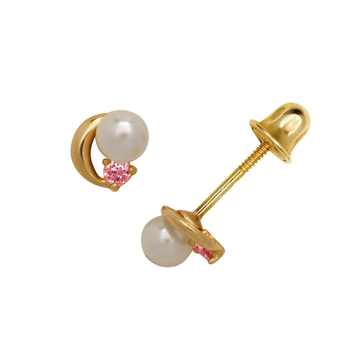 14k Yellow Gold Small 5mm Moon CZ Freshwater Cultured Pearl Screw Back Earrings