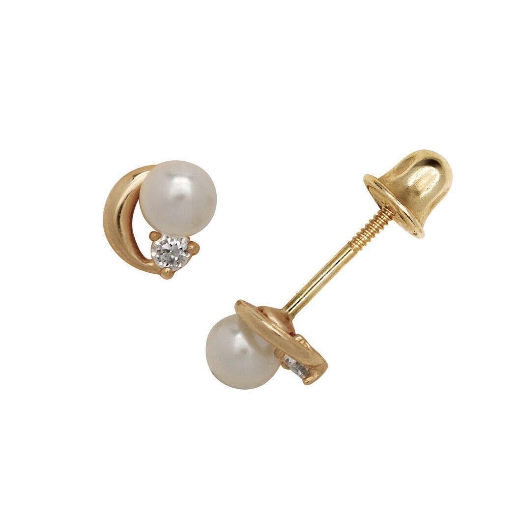 14k Yellow Gold Small 5mm Moon CZ Freshwater Cultured Pearl Screw Back Earrings