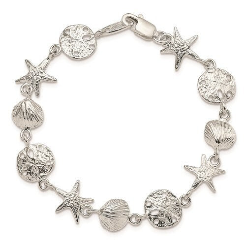 Sterling Silver Seashells, Starfish and Sand Dollar Bracelet - 7 Inch or 8 Inch - Beach Jewelry - Boho Bracelet - Statement Bracelet
