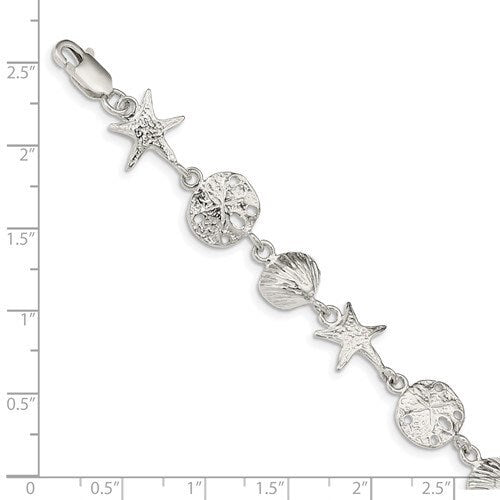 Sterling Silver Seashells, Starfish and Sand Dollar Bracelet - 7 Inch or 8 Inch - Beach Jewelry - Boho Bracelet - Statement Bracelet