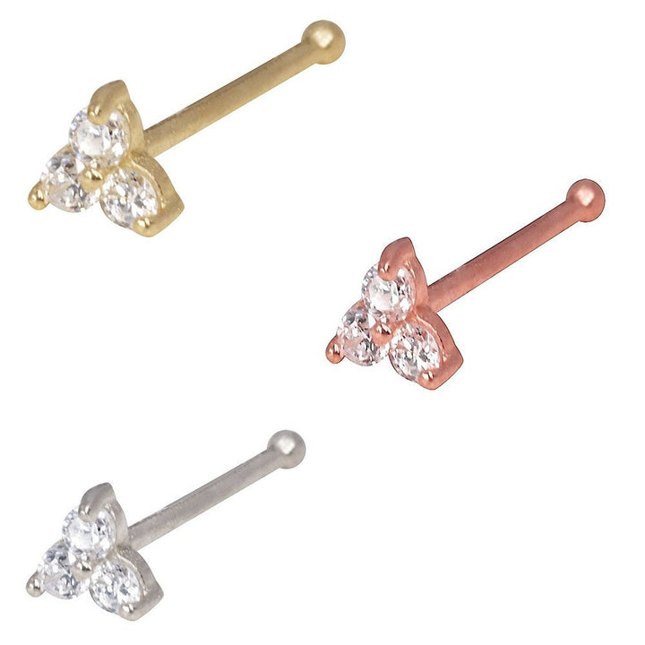 14k Yellow, White or Rose Gold 20G 3 Stone Nose Stud