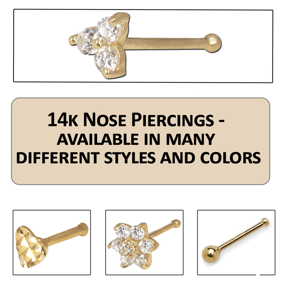 14k Yellow, White or Rose Gold 20G 3 Stone Nose Stud