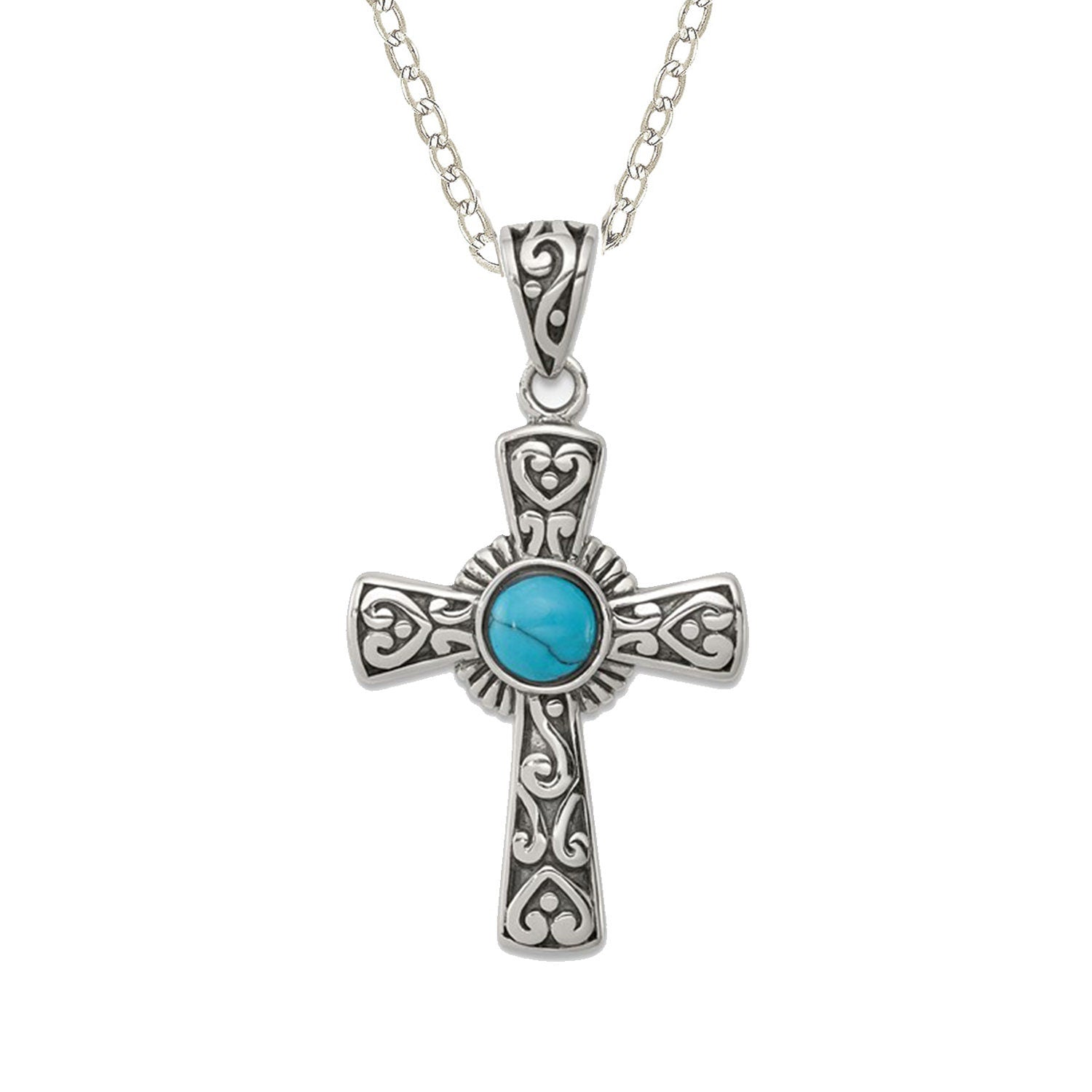 925 Sterling Silver 18" Oxidized Simulated Turquoise Blue Cross Necklace - 20x32mm