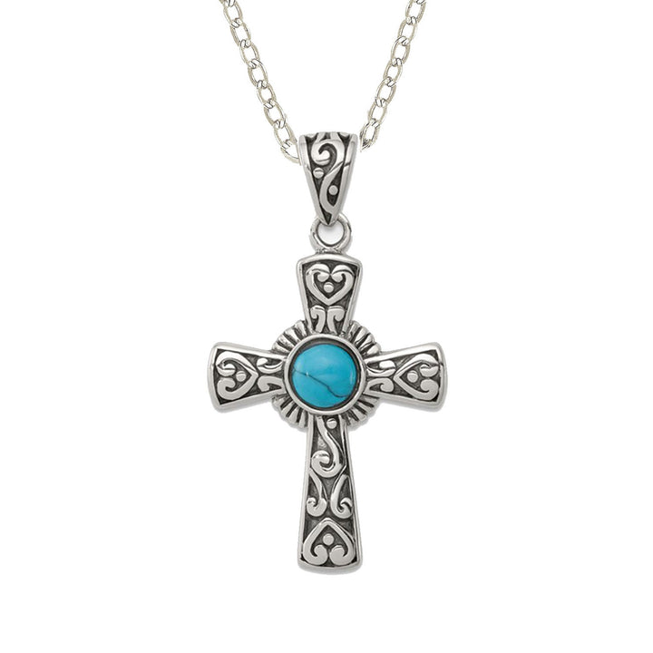 925 Sterling Silver Oxidized Simulated Turquoise Blue Cross Necklace - 20x32mm