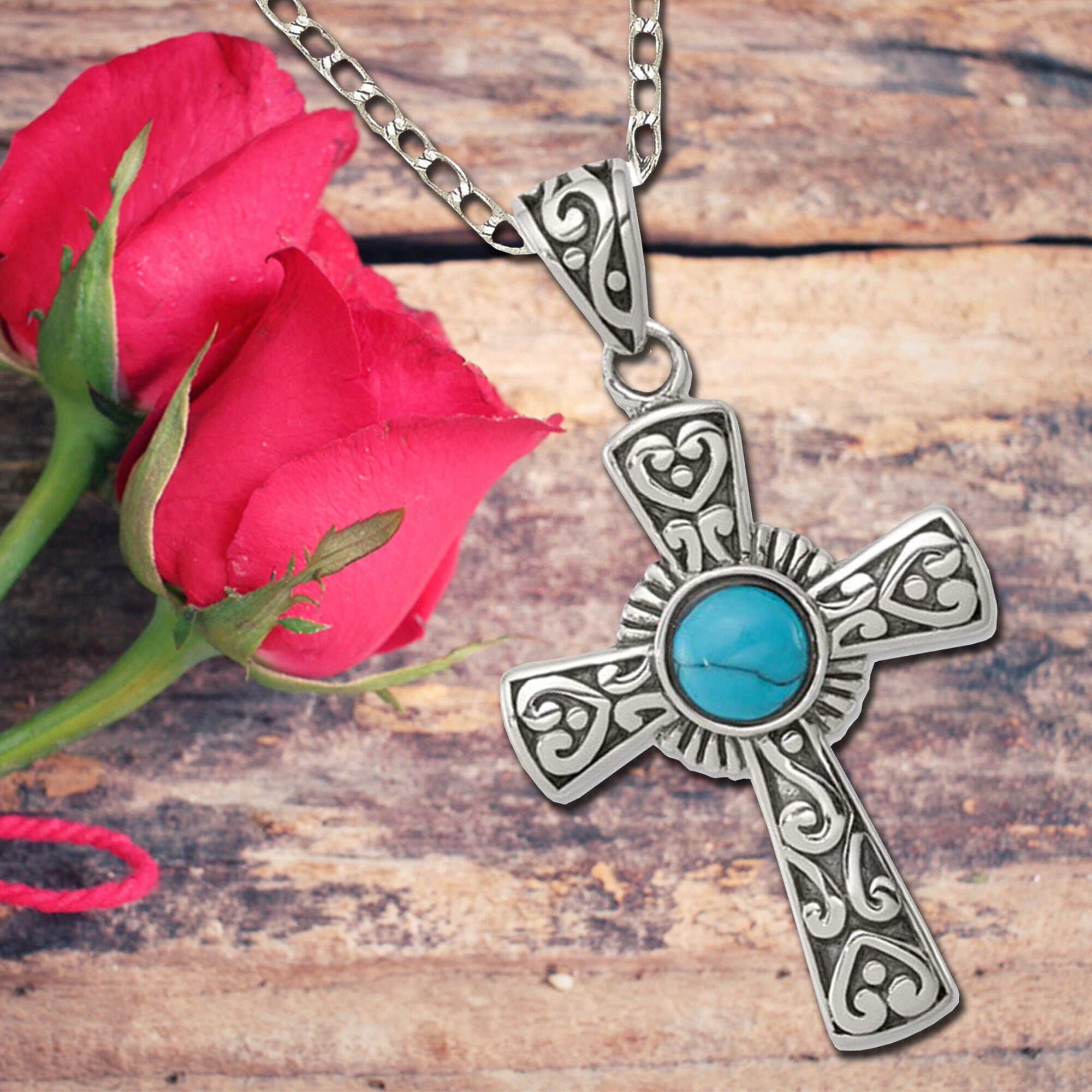 925 Sterling Silver 18" Oxidized Simulated Turquoise Blue Cross Necklace - 20x32mm