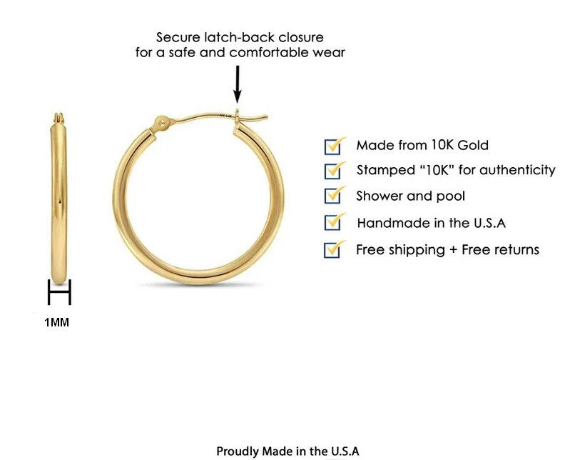 Solid 10k Yellow Gold 1mm Classic Tube Hoop Earrings - 10mm, 12mm, 14mm