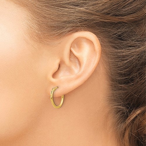 Solid 10k Yellow Gold 1mm Classic Tube Hoop Earrings - 10mm, 12mm, 14mm