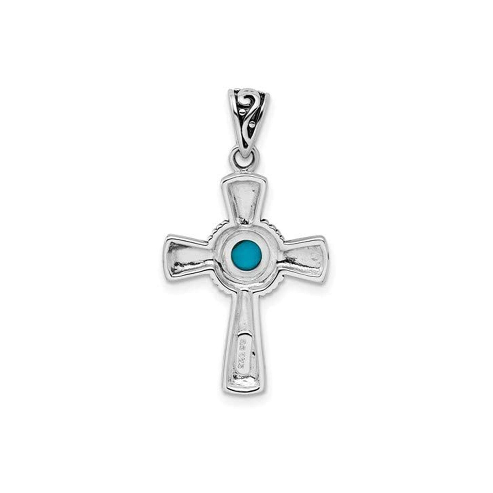 925 Sterling Silver 18" Oxidized Simulated Turquoise Blue Cross Necklace - 20x32mm