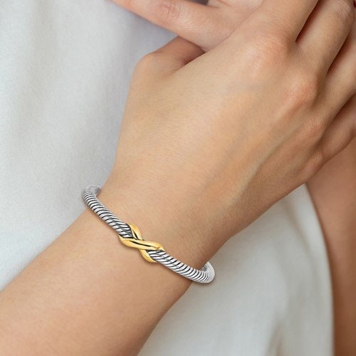 925 Sterling Silver Yellow Gold Plated Antiqued Cable Cuff Bangle Bracelet