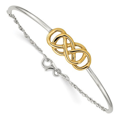 925 Sterling Silver Yellow Gold Plated Double Infinity Bangle Bracelet