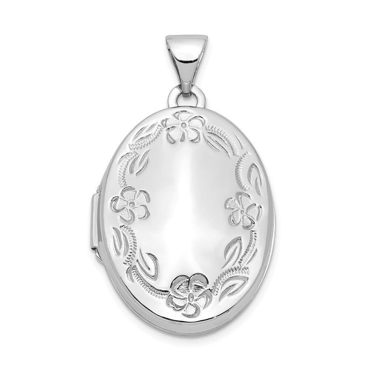 14k White Gold 21mm Polished Engravable 2 Photo Leaf Floral Scroll Border Locket Necklace