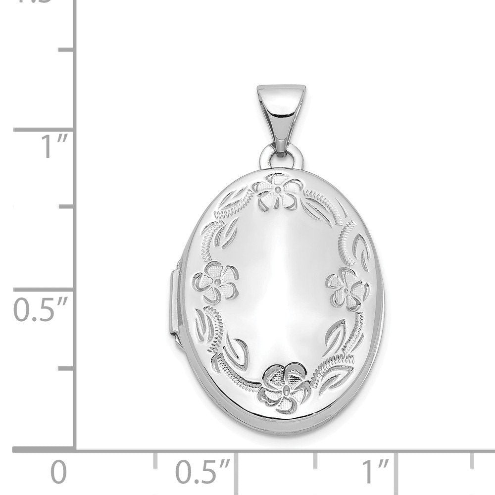 14k White Gold 21mm Polished Engravable 2 Photo Leaf Floral Scroll Border Locket Necklace