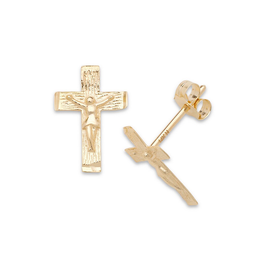 Solid 14k Yellow Gold Textured Crucifix Cross Post Stud Earrings for Girls - 7mmx11mm - First Communion Gift - Baptism Gift - Non Tarnish