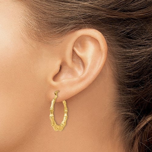 14k Yellow Gold Bamboo Hoop Earrings - 4mm x 20mm