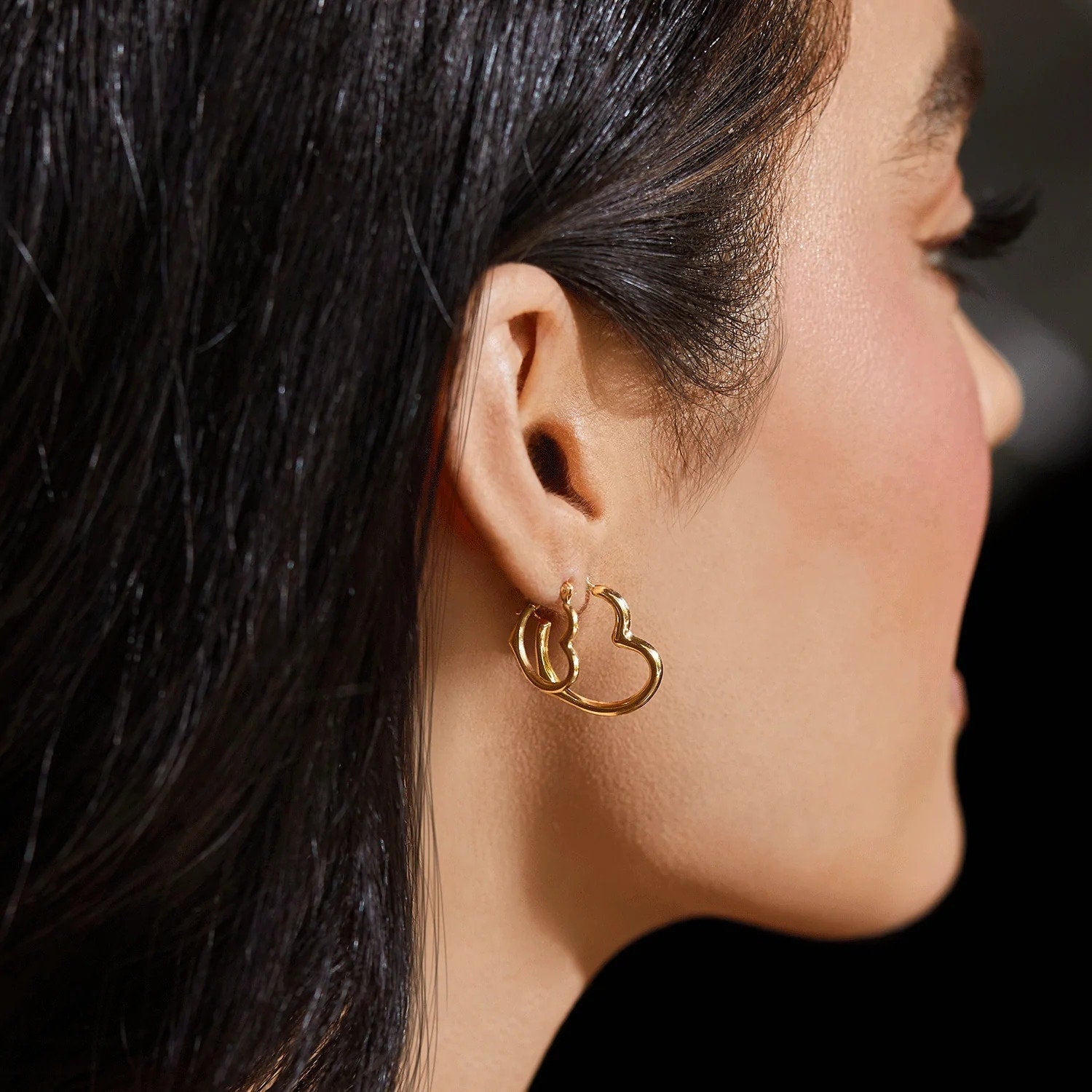 10k Yellow Gold Sideways Heart Hoop Earrings - 15mm or 20mm