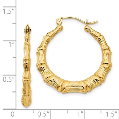 14k Yellow Gold Bamboo Hoop Earrings - 4mm x 20mm