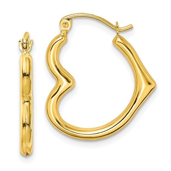 10k Yellow Gold Sideways Heart Hoop Earrings - 15mm or 20mm