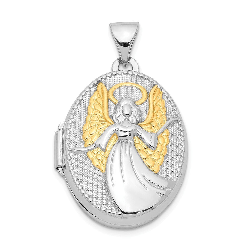 925 Sterling Silver Polished Reversible 2 Photo Sentiment on back Gold Plated 21mm Oval Guardian Angel Locket Necklace