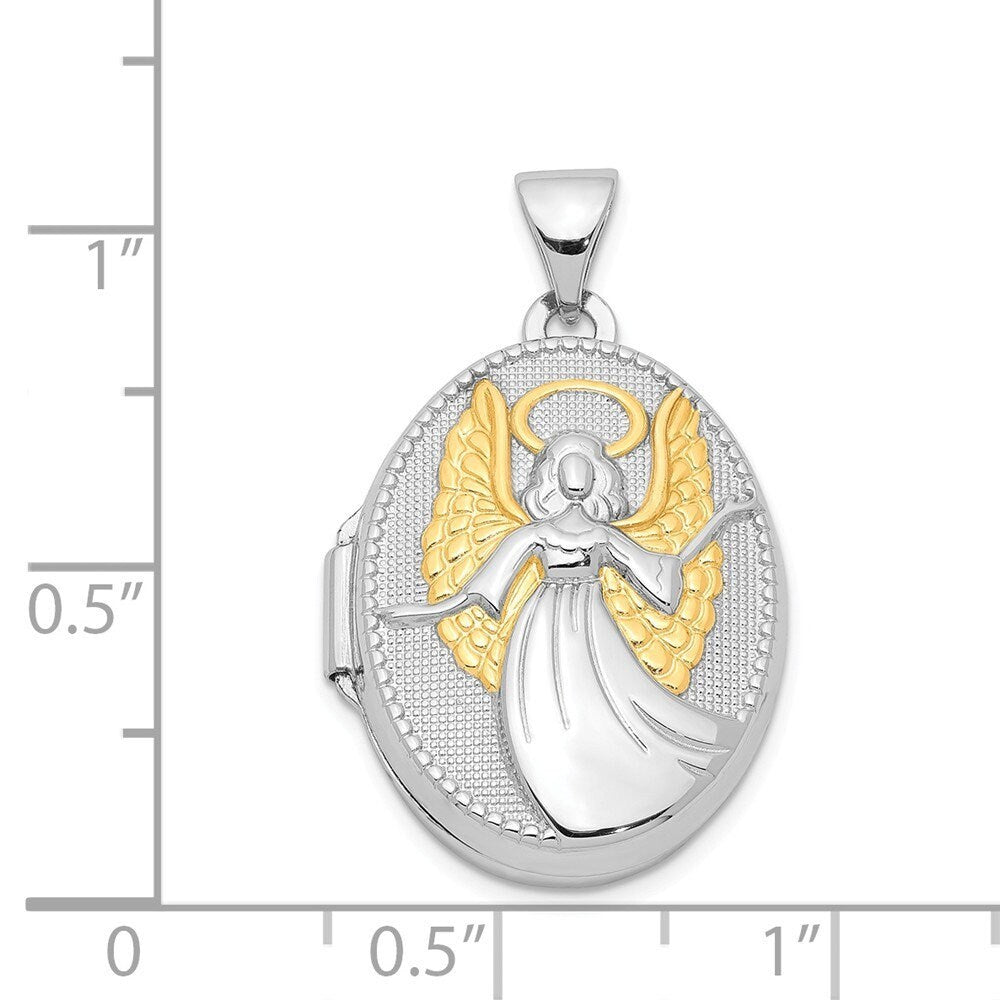 925 Sterling Silver Polished Reversible 2 Photo Sentiment on back Gold Plated 21mm Oval Guardian Angel Locket Necklace