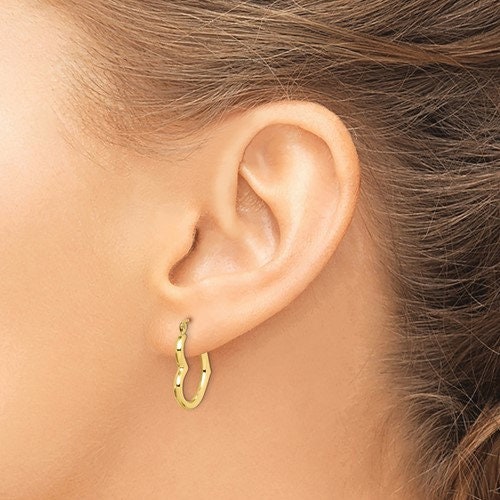 10k Yellow Gold Sideways Heart Hoop Earrings - 15mm or 20mm