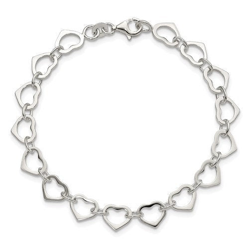 925 Sterling Silver 7" Polished Love Heart Link Bracelet