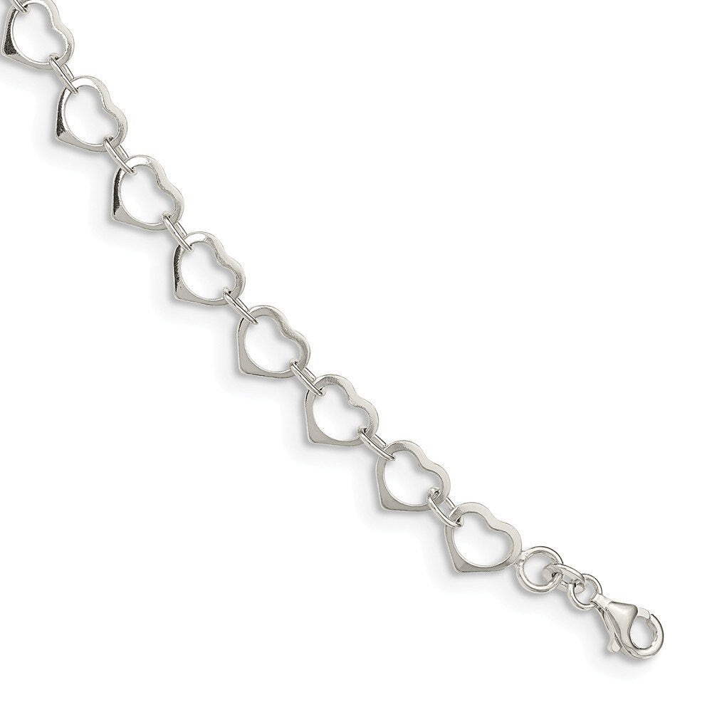 925 Sterling Silver 7" Polished Love Heart Link Bracelet