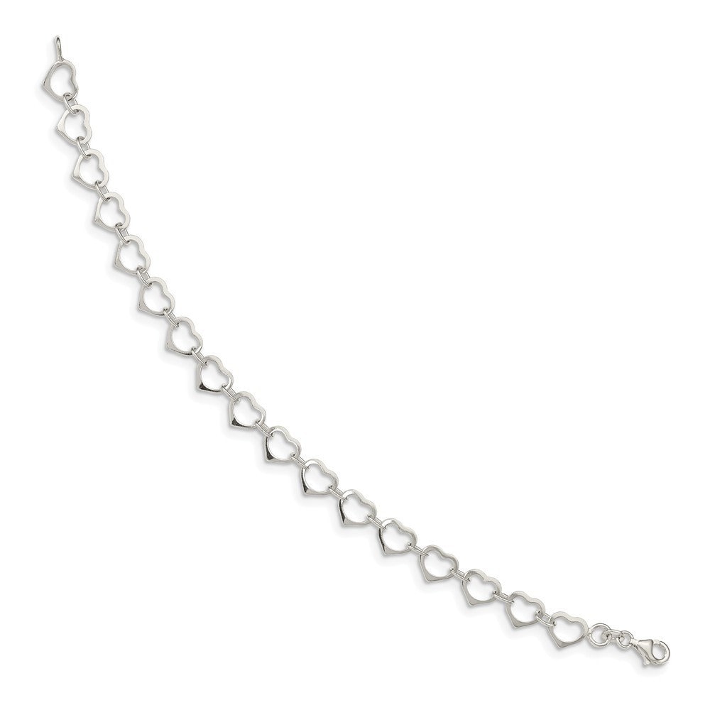 925 Sterling Silver 7" Polished Love Heart Link Bracelet