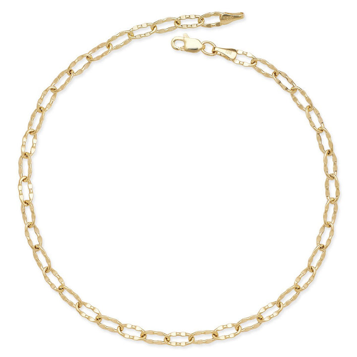 14k Gold Flat Hammered Oval Link Paperclip Chain Anklet - 4mm x 10"