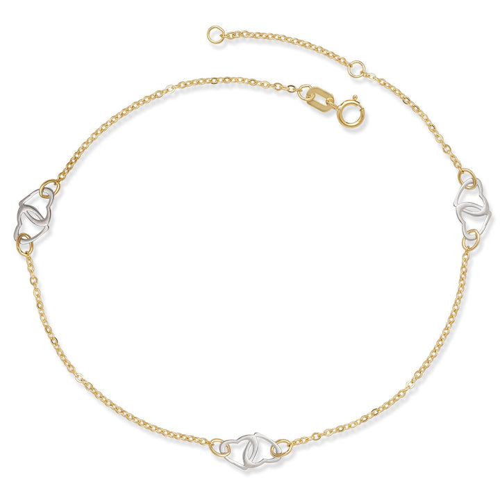 Two Tone 14K Gold Interlocking Heart Anklet 9-10"