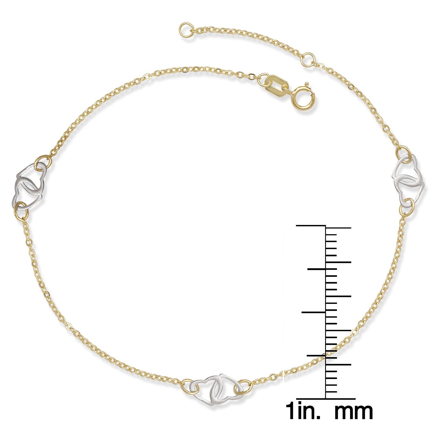 Two Tone 14K Gold Interlocking Heart Anklet 9-10"