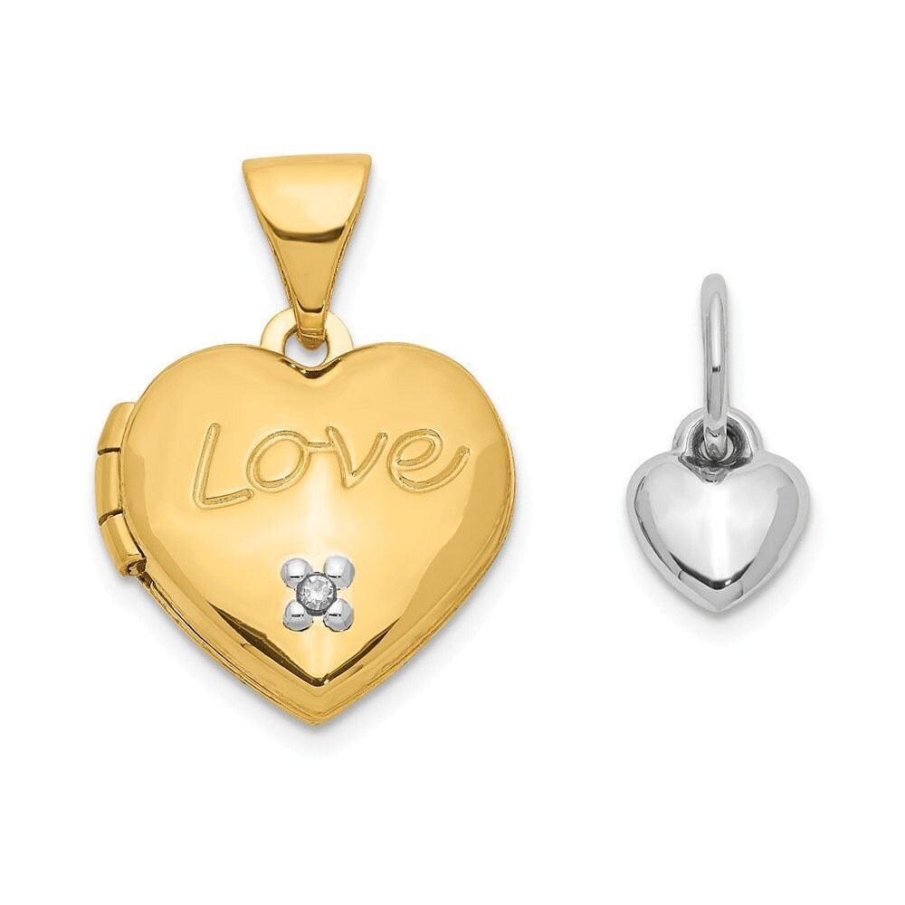 14k Two Tone Gold Diamond LOVE Small White Heart Charm Heart Locket Necklace