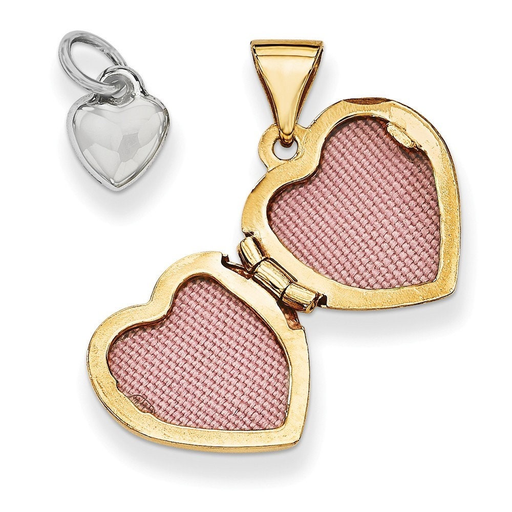 14k Two Tone Gold Diamond LOVE Small White Heart Charm Heart Locket Necklace