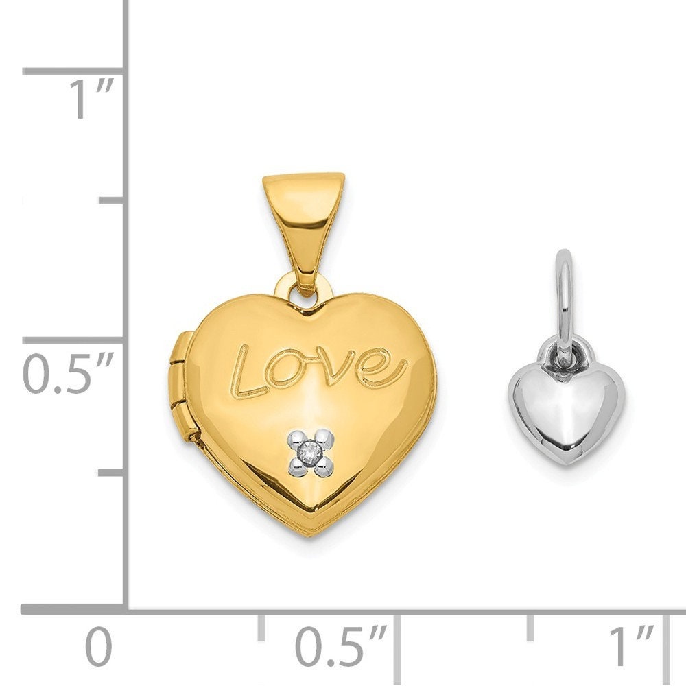 14k Two Tone Gold Diamond LOVE Small White Heart Charm Heart Locket Necklace