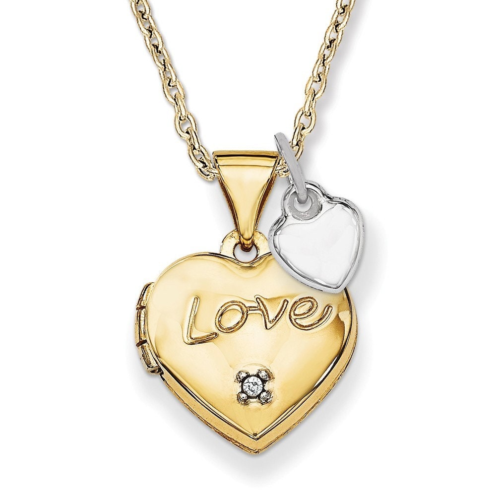 14k Two Tone Gold Diamond LOVE Small White Heart Charm Heart Locket Necklace