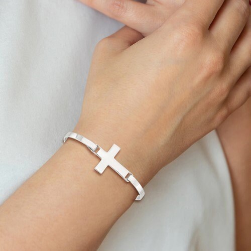 925 Sterling Silver Polished Sideways Cross Stackable Bangle Bracelet