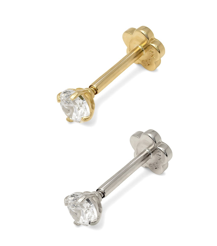 Solid 14k Gold 18G Cubic Zirconia Piercing Jewelry for Conch, Tragus, Helix - Labret Cartilage Earring - Internally Threaded Flat Back Stud