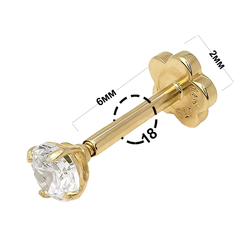 Solid 14k Gold 18G Cubic Zirconia Piercing Jewelry for Conch, Tragus, Helix - Labret Cartilage Earring - Internally Threaded Flat Back Stud