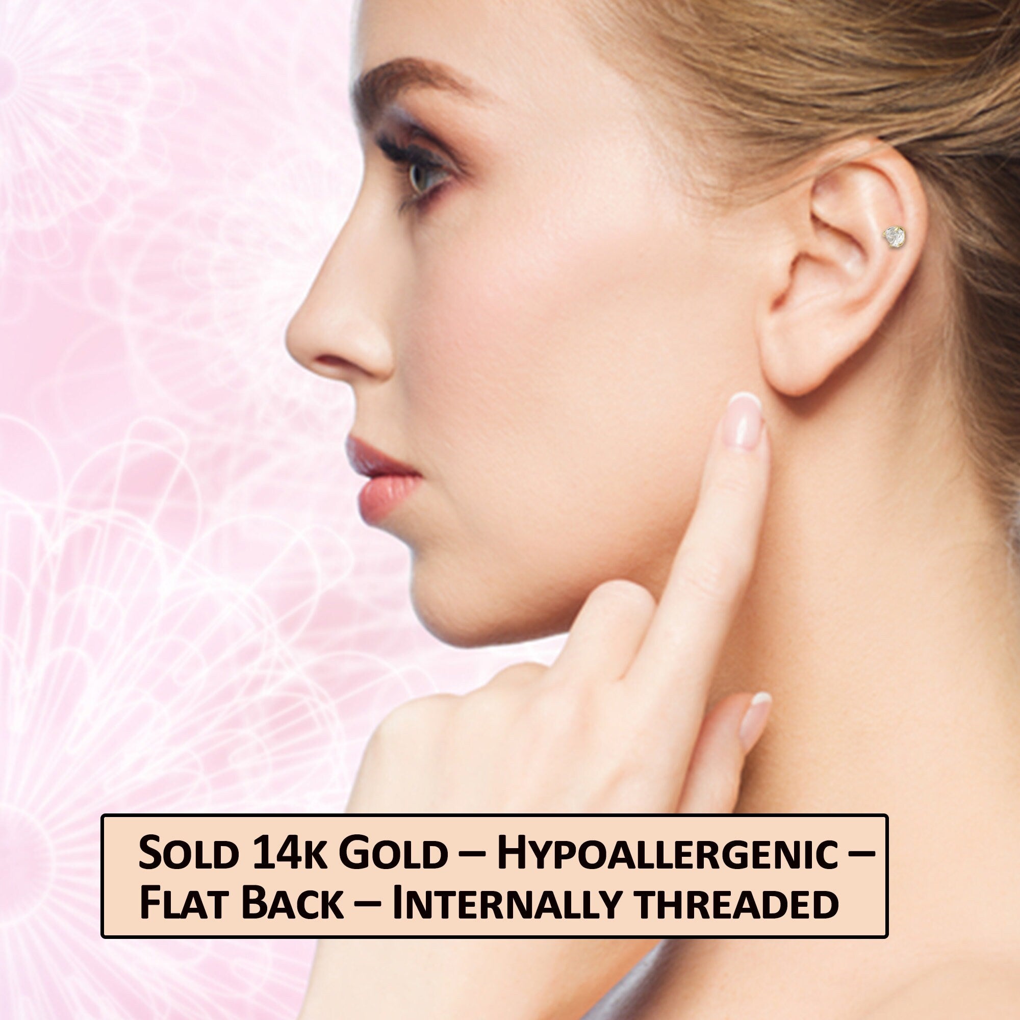 14k Yellow or White Gold 18G Cubic Zirconia Conch Tragus Helix Labret Cartilage Flat Back Piercing