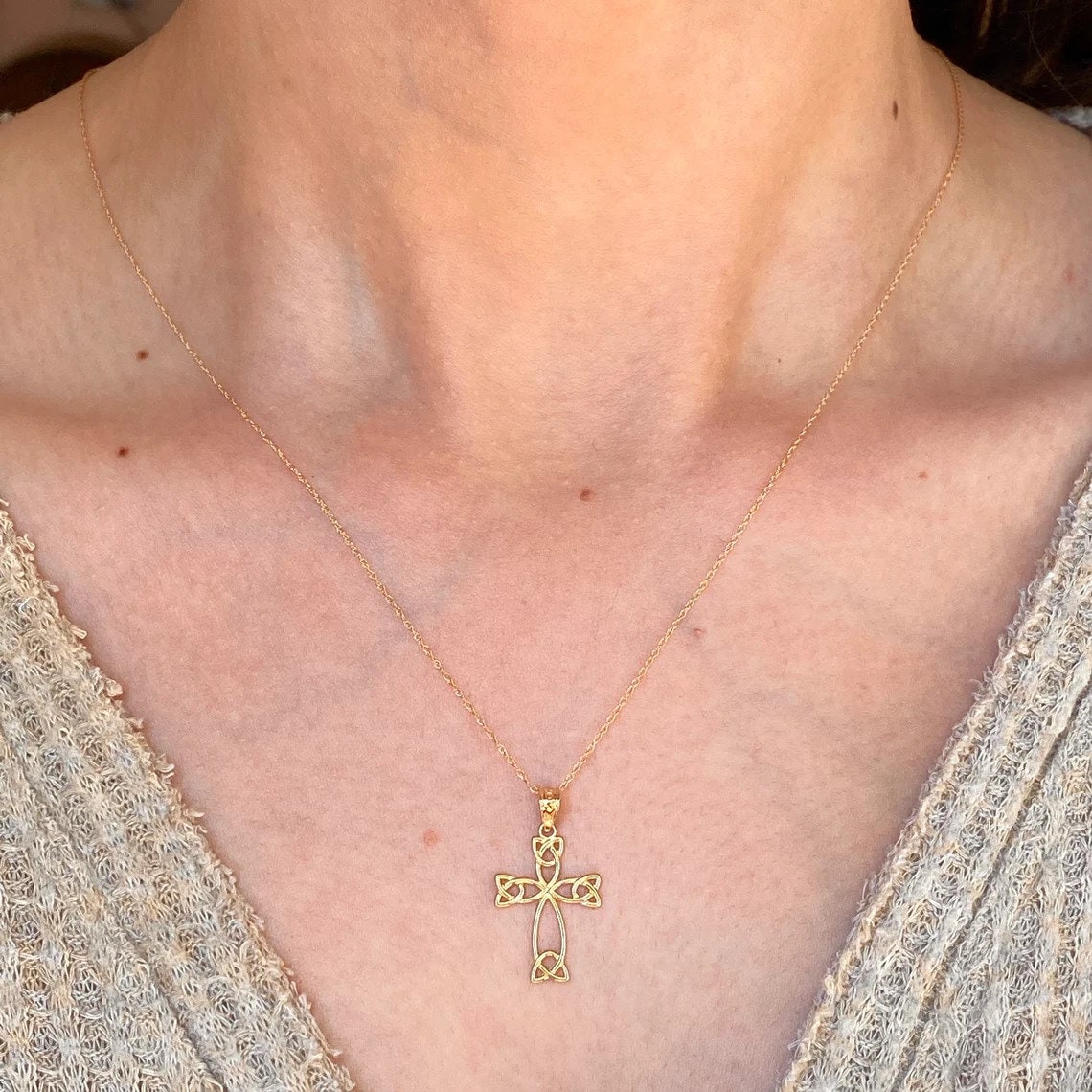 14k Yellow Gold Irish Celtic Trinity Knot Cross Pendant Necklace - 14x24mm