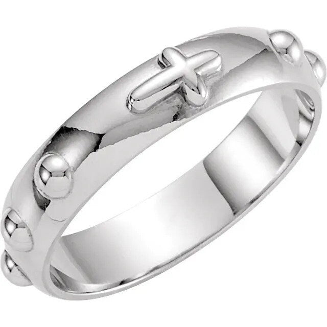 925 Sterling Silver Unisex Rosary Sideways Cross Prayer Wedding Band Ring - 2.5-5mm - Size 4-11