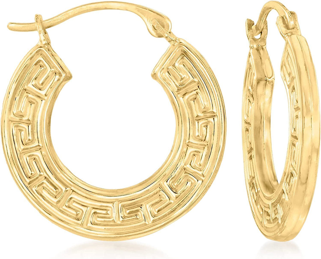 10k Yellow Gold Greek Key Hoop Earrings - 2mmx18mm