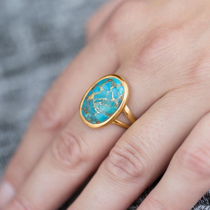 14k Gold-plated Sterling Silver Copper-infused Reconstituted Turquoise Ring - 13mm x 17.5mm  - Artisan Vintage Ring for Women - Unique Ring