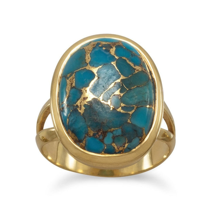 14k Gold-plated Sterling Silver Copper-infused Reconstituted Turquoise Ring - 13mm x 17.5mm  - Artisan Vintage Ring for Women - Unique Ring