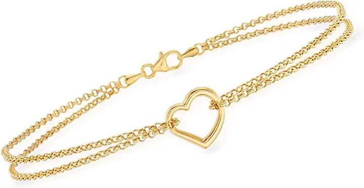 10K Yellow Gold Double Strand Heart Anklet - 10"