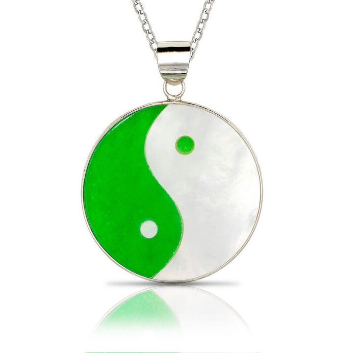 925 Sterling Silver Green Jade Yin Yang Circle Pendant Necklace - 18" and 25x32mm