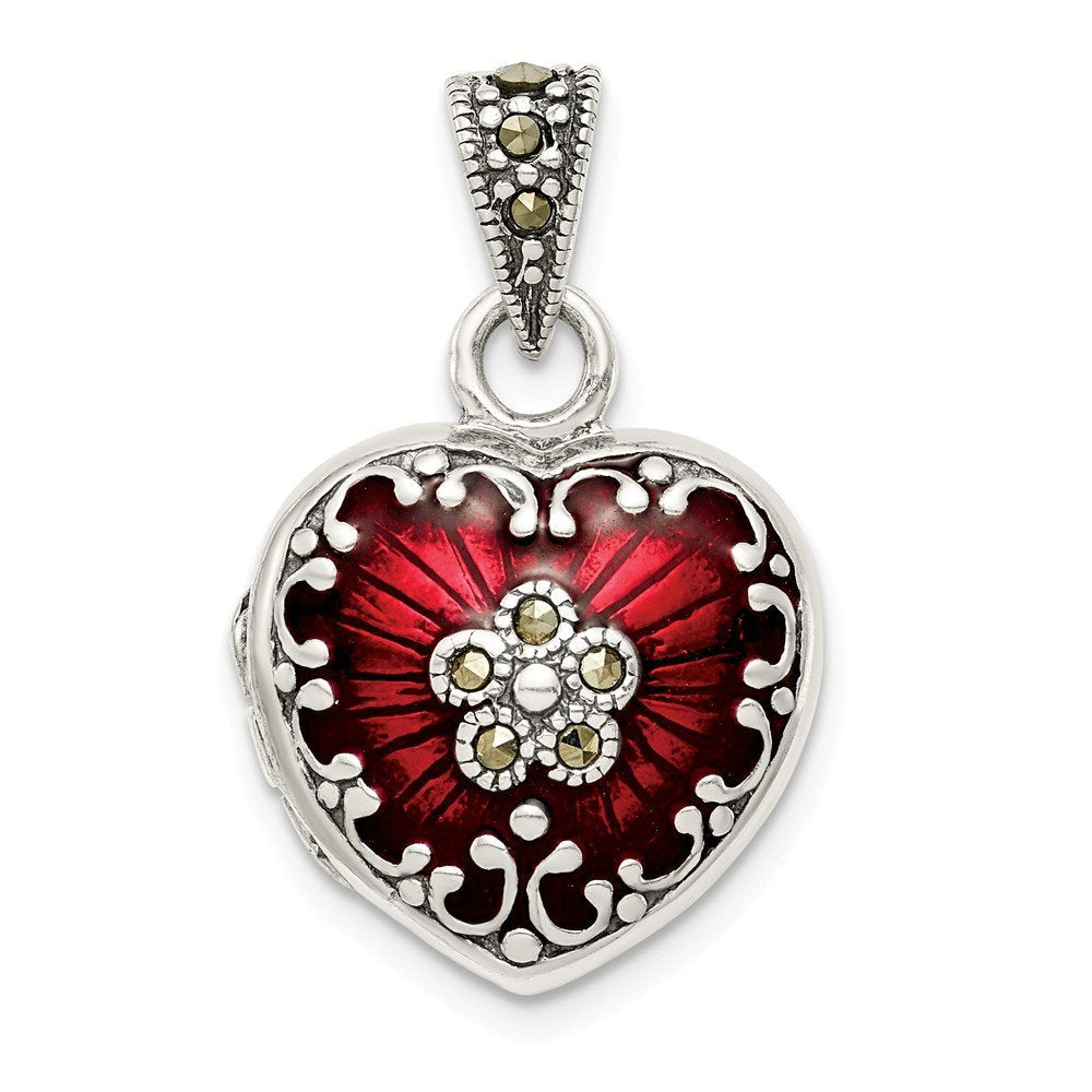 925 Sterling Silver Red Enamel and Marcasite Heart Photo Locket Necklace